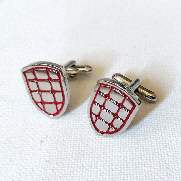 NEW 3pc. Cufflinks: "Crest-Shield" Stainless Steel/Enamel & Tie Bar. Bullet Back - Picture 5 of 6